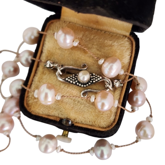 Dainty Pearl Station Necklace Pink Silk Cord 925 Sterling Silver Vintage